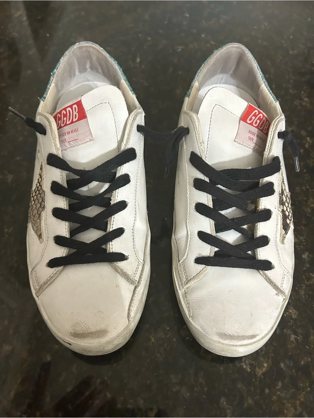 Golden Goose White Sneakers with Black Laces and Beige Snake-Print Star - Picture 1 of 8